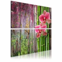 Schilderij - Bamboe en Orchidee, Groen/Roze, 4luik , premium print op canvas