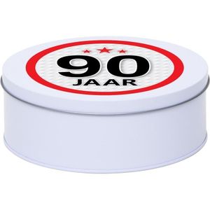 Cadeau/kado wit rond blik 90 jaar 18 cm
