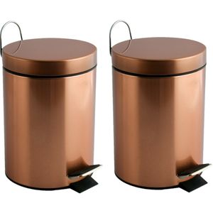 Prullenbak/pedaalemmer - 2x - metaal - koper kleurig - 3 liter - 17 x 25 cm - Badkamer/toilet