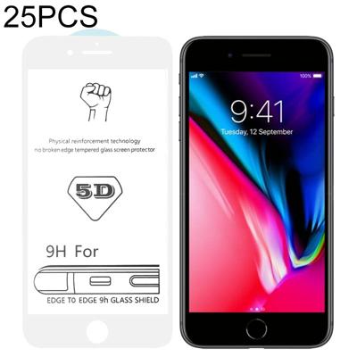25 stuks 9H 5D witte volledige lijm volledig scherm gehard glas film voor iPhone 7/8
