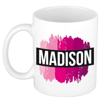 Madison naam cadeau koffie mok - beker - met roze verfstrepen - Cadeau collega - moederdag Madison naam cadeau koffie mok - beker - met roze verfstrepen - Cadeau collega - moederdag