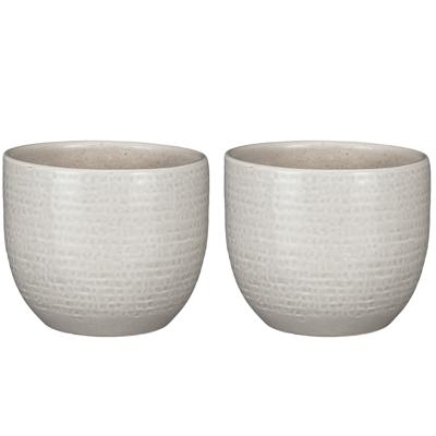Mica Decorations Plantenpot/bloempot - 2x stuks - terracotta - lichtgrijs flakes relief - D16/H14 cm