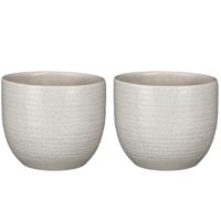 Mica Decorations Plantenpot/bloempot - 2x stuks - terracotta - lichtgrijs flakes relief - D16/H14 cm