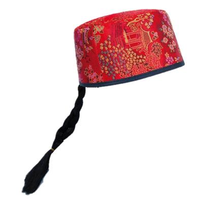 Carnaval verkleed Aziatisch/Chinees hoedje met vlecht - rood - volwassenen