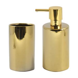 Badkamer accessoires set - zeeppompje/drinkbeker - porselein - goud