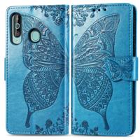 Butterfly Love bloemen reliëf horizontale Flip lederen case voor Galaxy A60 met houder & kaartsleuven & portemonnee & Lanyard (blauw)