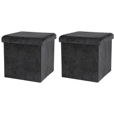 Poef/hocker - 2x - opbergbox zit krukje - velvet zwart - polyester/mdf - 38 x 38 cm - opvouwbaar