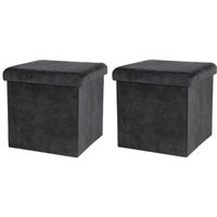 Poef/hocker - 2x - opbergbox zit krukje - velvet zwart - polyester/mdf - 38 x 38 cm - opvouwbaar