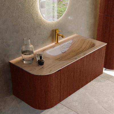 Badmeubel Mondiaz Kurve-Dlux | 105 cm | Meubelkleur Ruby | Wastafelkleur Arena | Solid surface | Wasbak rechter zijde spoelbak | 1 kraangat