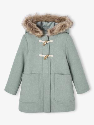 Duffel met capuchon van wol met houtje-touwtjeknopen groengrijs