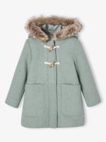 Duffel met capuchon van wol met houtje-touwtjeknopen groengrijs