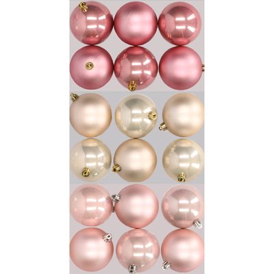 18x stuks kunststof kerstballen mix van lichtroze, champagne en oudroze 8 cm