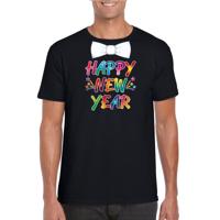 Happy new year t-shirt - met vlinderstrikje - voor oud en nieuw - heren - zwart