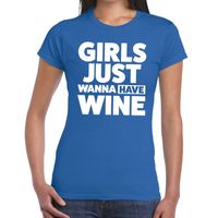 Girls just wanna have Wine tekst t-shirt blauw dames - thumbnail