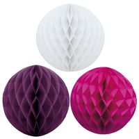 Kerstversiering set van 3x papieren kerstballen 10 cm wit aubergine en fuchsia roze