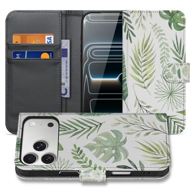 Book Case iPhone 17 Pro Max Bladeren Lichtgroen Wit Met 3 Pasjes