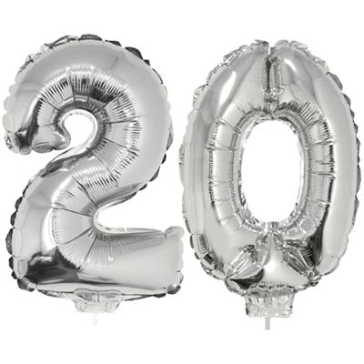 20 jaar leeftijd feestartikelen - versiering cijfers - ballonnen op stokje - van 41 cm - zilver 20 jaar leeftijd feestartikelen - versiering cijfers - ballonnen op stokje - van 41 cm - zilver
