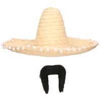 Carnaval verkleed set - Mexicaanse sombrero hoed met plaksnor - naturel - heren - thumbnail