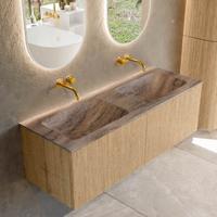Badmeubel Mondiaz Kurve-Dlux | 130 cm | Meubelkleur Oak | Wastafelkleur Oza | Solid surface | Wasbak beide zijden spoelbak | Zonder kraangat(en)