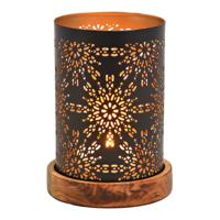 Windlicht op houten sokkel bloemendecor van metaal zwart (B/H/D) 10x18x10cm