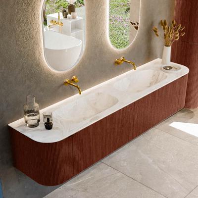 Badmeubel Mondiaz Kurve-Dlux | 200 cm cm | Meubelkleur Ruby | Wastafelkleur Frappe | Solid surface | Wasbak beiden zijden spoelbak | Zonder kraangat(en)