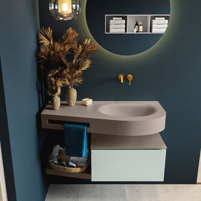 MONDIAZ RIVA 100cm badmeubel onderkast / planchet kleur Greey met 1 lade. Wastafel DULCET rechts 0 kraangaten kleur Smoke.