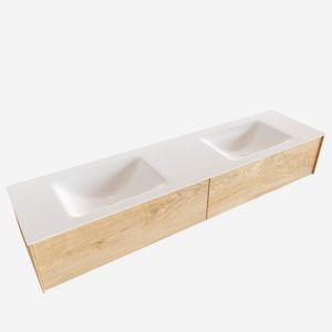 Badkamermeubel BWS Madrid Washed Oak 180x45x30 cm Mat Witte Solid Surface Wastafel Dubbel (2 lades, 0 kraangaten)