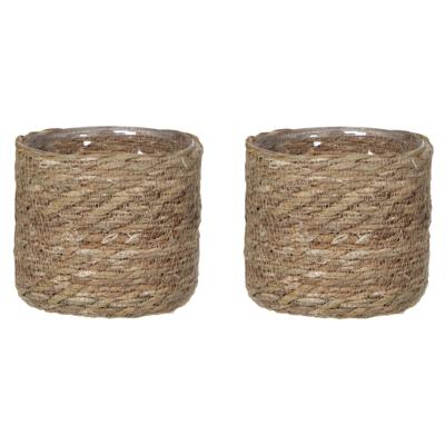 Plantenmand - 2x stuks - rotan - naturel met bruin - 14 x14 cm - Met plastic binnenkant