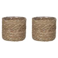 Plantenmand - 2x stuks - rotan - naturel met bruin - 14 x14 cm - Met plastic binnenkant