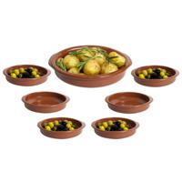 Tapas serveerschalen set - 1x D24 cm en 6x D10 cm - rond - Spaans terracotta ovenschaaltjes - thumbnail