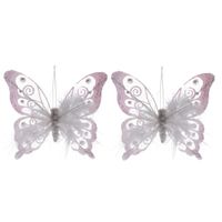 2x Witte decoratie vlinders op clip 15,5 cm - thumbnail