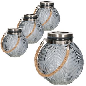 4x stuks grijze solar lantaarn van gestreept glas rond 16 cm