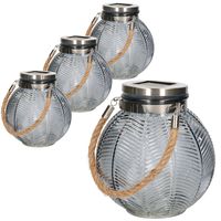 4x stuks grijze solar lantaarn van gestreept glas rond 16 cm - thumbnail