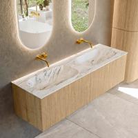 Badmeubel Mondiaz Kurve-Dlux | 150 cm | Meubelkleur Oak | Wastafelkleur Glace | Solid surface | Dubbele spoelbak | Zonder kraangat(en)