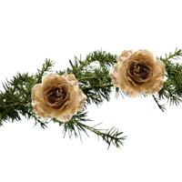 Kerstboomversiering Bloem - 2x stuks - 14 cm - goud - op clip - ornament - roos