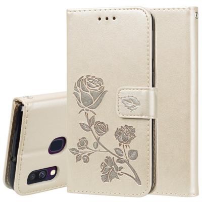 Rose reliëf horizontale Flip PU lederen case voor Galaxy A40 met houder & kaartsleuven & portemonnee (goud)