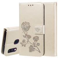 Rose reliëf horizontale Flip PU lederen case voor Galaxy A40 met houder & kaartsleuven & portemonnee (goud)