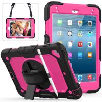 Schokbestendige zwarte silicagel + kleurrijke PC beschermende case voor iPad mini 2019/Mini 4 met houder & schouderriem & hand riem & pen sleuf (Rose