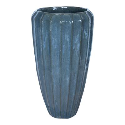 Olver Blauwe keramische pot met geribbelde structuur rond L
