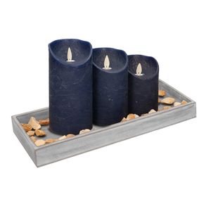 Houten dienblad met 3 LED kaarsen in de kleur donkerblauw 14 x 40 cm