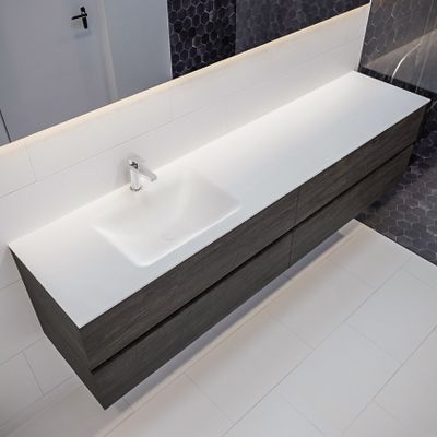 Mondiaz Vica Cloud badmeubel eiken donker bruin 200 cm 4 lades solid surface enkele spoelbak links 1 kraangat