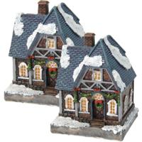 Verlicht kersthuisje - 2x - blauw dak - polystone - 13 cm - 4 ramen - kleur veranderende lichtjes -
