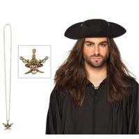 Verkleed set Piraten hoed - zwart - met gouden piraten ketting - heren/dames