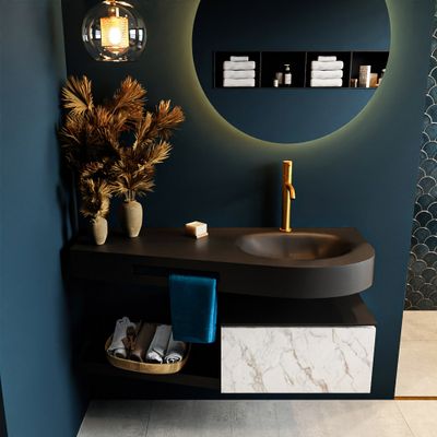 MONDIAZ RIVA 120cm badmeubel onderkast / planchet kleur carrara met 1 lade. Wastafel DULCET rechts 1 kraangat kleur Urban. MONDIAZ RIVA 120cm badmeubel onderkast / planchet kleur carrara met 1 lade. Wastafel DULCET rechts 1 kraangat kleur Urban.