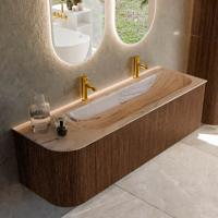 Badmeubel Mondiaz Kurve-Dlux | 145 cm | Meubelkleur Walnut | Wastafelkleur Arena | Solid surface | Wasbak rechter zijde spoelbak | 2 kraangaten