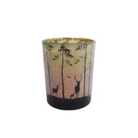 Diversen Theelichthouder forest hert in bos groen/rood glas 12.5x10x10cm