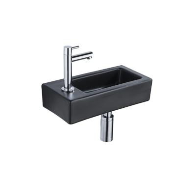 QeramiQ Fuente Fonteinset - 37.5x18.5x9cm - keramiek - kraangat links - fonteinkraan chroom - afvoerplug - verlaagd sifon - Mat Zwart SW1122451/SW696209/SW696219/SW696234