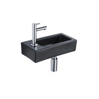 QeramiQ Fuente Fonteinset - 37.5x18.5x9cm - keramiek - kraangat links - fonteinkraan chroom - afvoerplug - verlaagd sifon - Mat Zwart SW1122451/SW696209/SW696219/SW696234