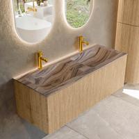 Badmeubel Mondiaz Kurve-Dlux | 120 cm | Meubelkleur Oak | Wastafelkleur Sombra | Solid surface | Wasbak beide zijden spoelbak | 2 kraangaten