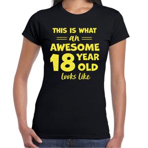 Verkleed T-shirt voor dames - leeftijd 18 jaar - awesome - zwart - glitter geel - Verjaardagsfeest